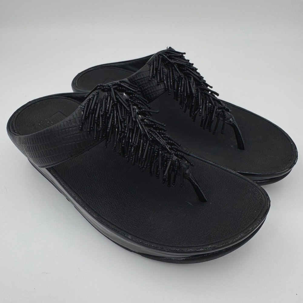 FitFlop Lulu Beaded Leaf Black Leather Platform Thong Sandals Womens 8 336-001
